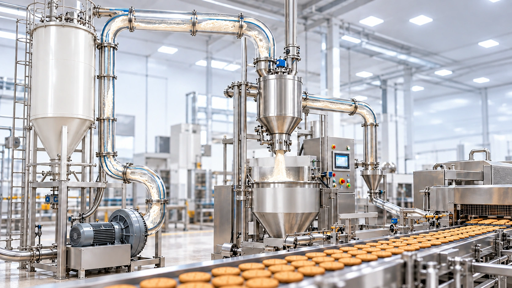 Pneumatic conveying system for flour handling in biscuit manufacturing