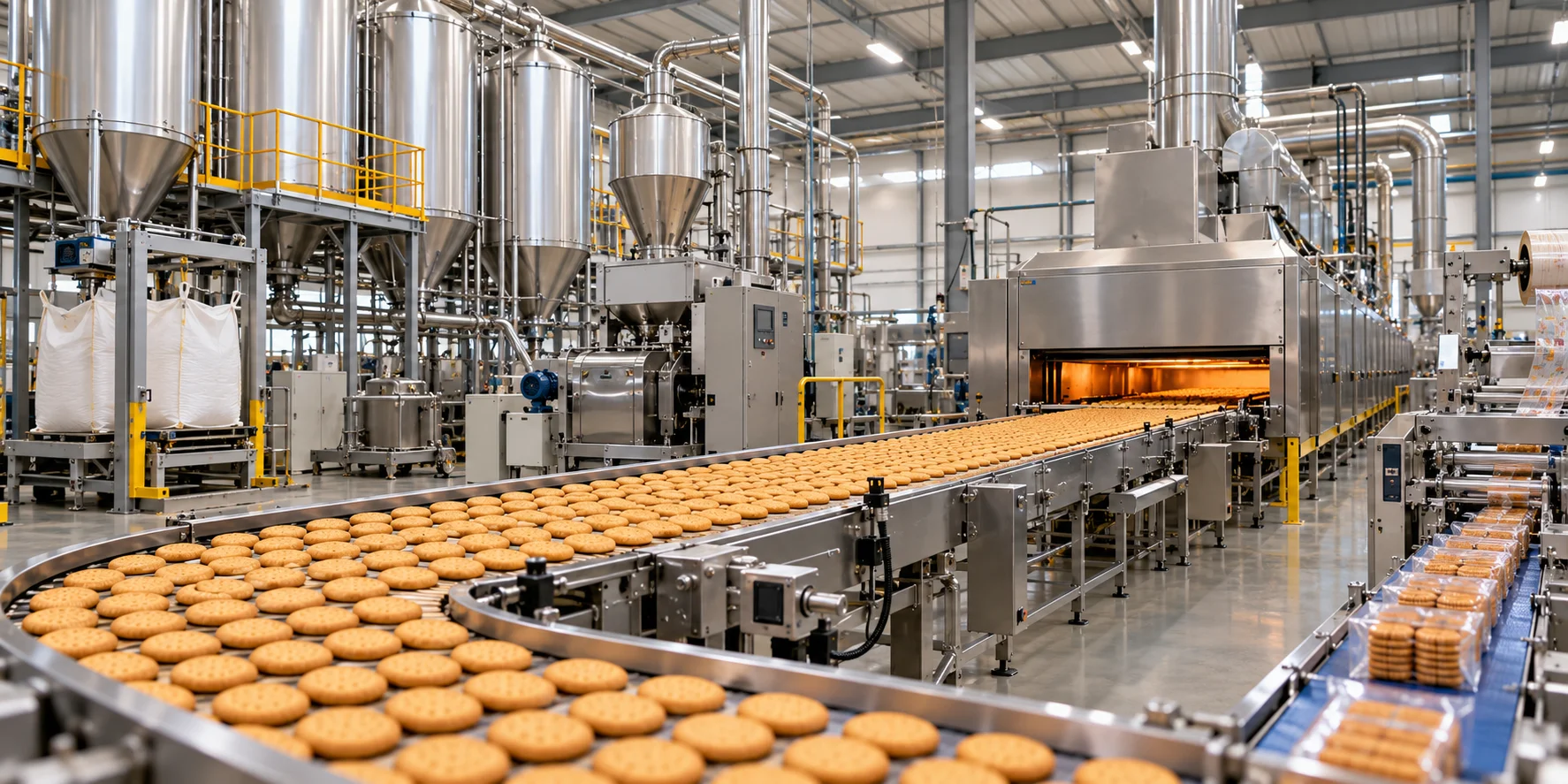 Biscuit manufacturing plant with raw material handling equipment, industrial oven and biscuit production conveyor