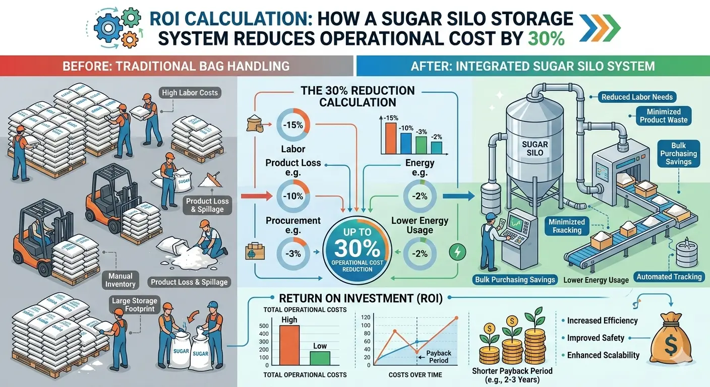 ROI calculation infographic showing how a sugar silo storage system reduces operational cost by 30 percent through lower labor, energy, procurement, and product loss