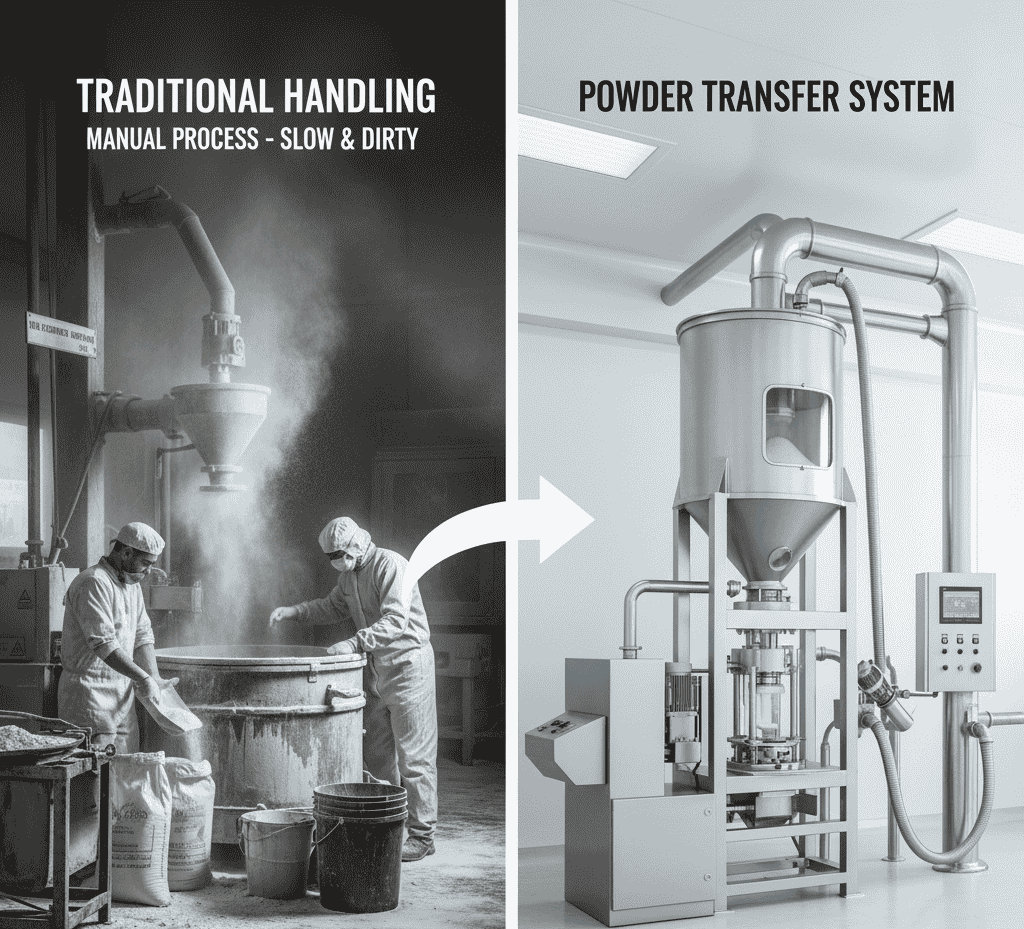 Difference Between Traditional Handling and Powder Transfer System